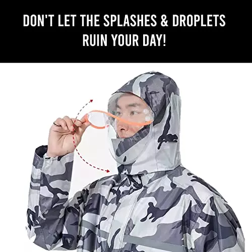 Allextreme Two-Piece Raincoat Grey Color Army Print Size XXXL With Transparent Face Shield, Detachable Hood for Adult Men, MK002-01