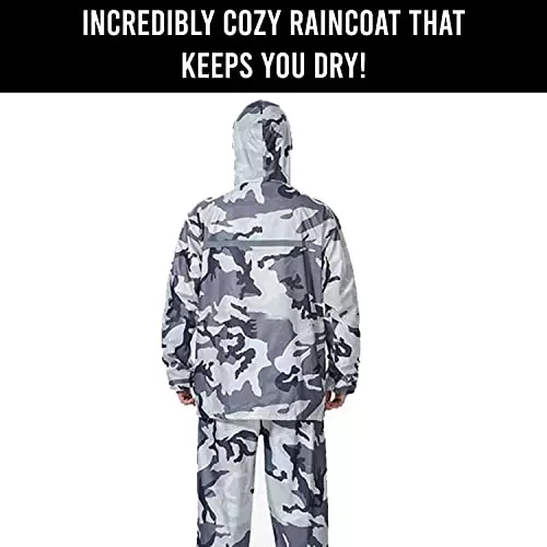 Allextreme Two-Piece Raincoat Grey Color Army Print Size XXXL With Transparent Face Shield, Detachable Hood for Adult Men, MK002-01