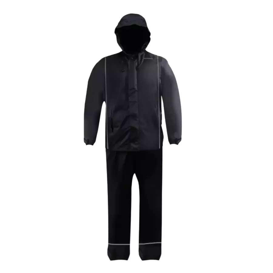 Mallcom STRATUS Rainwear Suit Waterproof Black PU Coated Polyester Hooded Seam Sealed with Silver Piping, Size: L