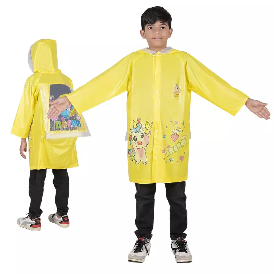 Allextreme Raincoat Yellow Color Unicorn Print Size 3XL with Hood, School Bag Cover and Carry Pouch for Kids (11-12 Years), HCR-00B
