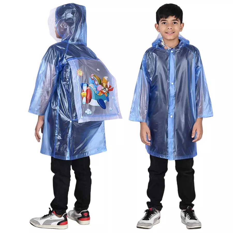 Allextreme Raincoat Blue Color Airplane Print Size 4XL with Hood, School Bag Cover and Carry Pouch for Kids (13-15 Years), HCR-00L