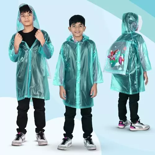 Allextreme Raincoat Green Color Airplane Print Size 4XL with Hood, School Bag Cover and Carry Pouch for Kids (13-15 Years), HCP-00A
