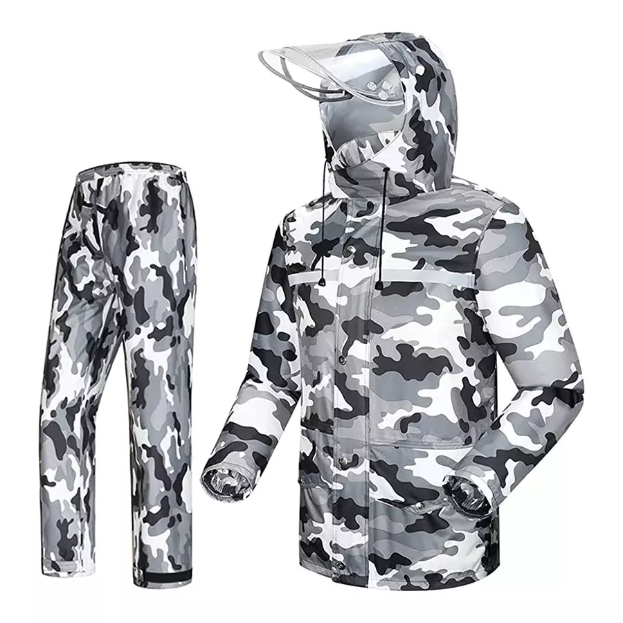 Allextreme Two-Piece Raincoat Grey Color Army Print Size XXL With Transparent Face Shield, Detachable Hood for Adult Men, EXMK002-01XXL