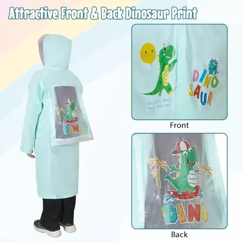Allextreme Raincoat Aquamarine Color Dino Print Size 3XL with Hood, School Bag Cover and Carry Pouch for Kids (11-12 Years), ALE-00T
