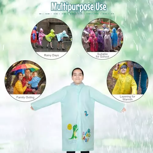 Allextreme Raincoat Aquamarine Color Dino Print Size 3XL with Hood, School Bag Cover and Carry Pouch for Kids (11-12 Years), ALE-00T