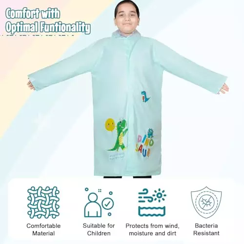 Allextreme Raincoat Aquamarine Color Dino Print Size 3XL with Hood, School Bag Cover and Carry Pouch for Kids (11-12 Years), ALE-00T