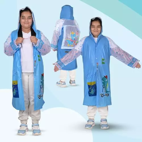 Allextreme Raincoat Sky Blue Color Dino Print Size 2XL with Hood, School Bag Cover and Carry Pouch for Kids (8-10 Years), HCP-1009
