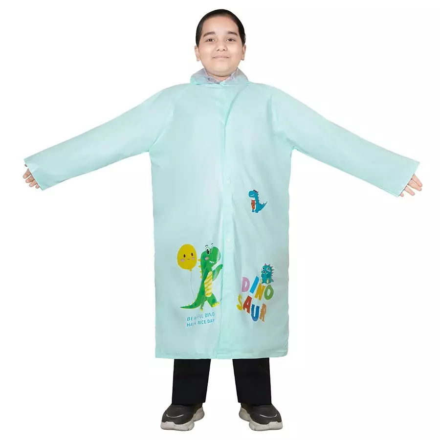 Allextreme Raincoat Aquamarine Color Dino Print Size 4XL with Hood, School Bag Cover and Carry Pouch for Kids (13-15 Years), ALE-00F