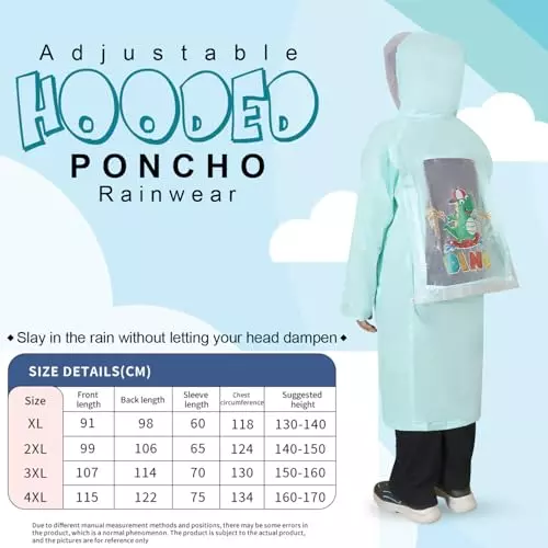 Allextreme Raincoat Aquamarine Color Dino Print Size 4XL with Hood, School Bag Cover and Carry Pouch for Kids (13-15 Years), ALE-00F