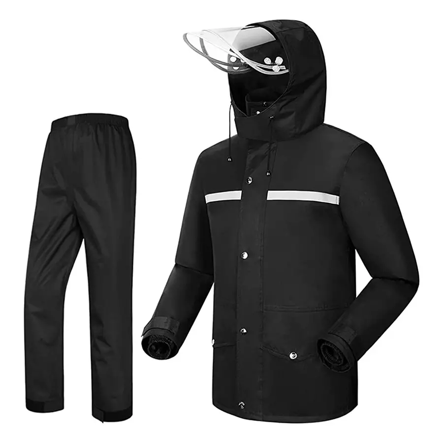 Allextreme Two-Piece Raincoat Black Color Size XXL With Transparent Face Shield, Detachable Hood for Adult Men, EXMK002-03XXL