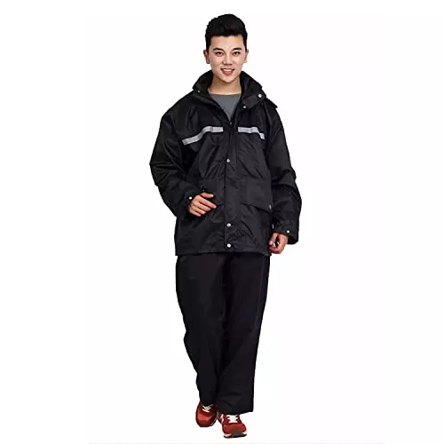 Allextreme Two-Piece Raincoat Black Color Size XXL With Transparent Face Shield, Detachable Hood for Adult Men, EXMK002-03XXL