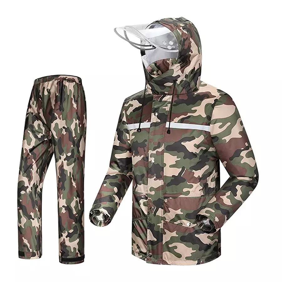 Allextreme Two-Piece Raincoat Green Color Army Print Size L With Transparent Face Shield, Detachable Hood for Adult Men, EXMK002-02XL