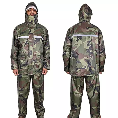 Allextreme Two-Piece Raincoat Green Color Army Print Size L With Transparent Face Shield, Detachable Hood for Adult Men, EXMK002-02XL