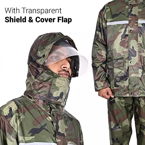 Allextreme Two-Piece Raincoat Green Color Army Print Size L With Transparent Face Shield, Detachable Hood for Adult Men, EXMK002-02XL
