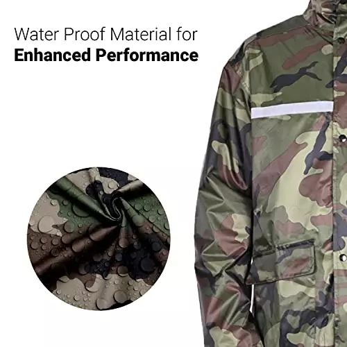 Allextreme Two-Piece Raincoat Green Color Army Print Size L With Transparent Face Shield, Detachable Hood for Adult Men, EXMK002-02XL