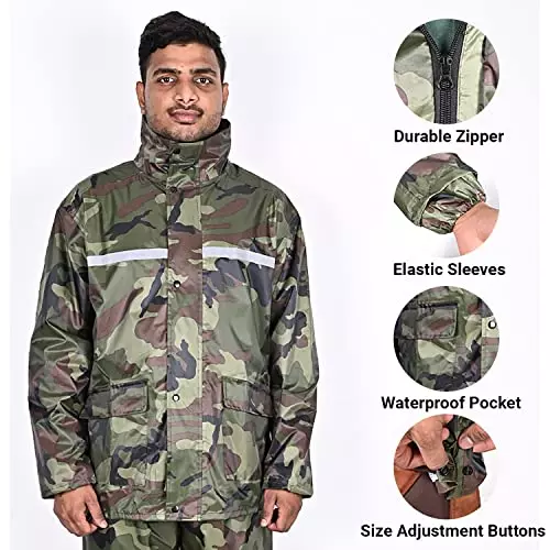 Allextreme Two-Piece Raincoat Green Color Army Print Size L With Transparent Face Shield, Detachable Hood for Adult Men, EXMK002-02XL