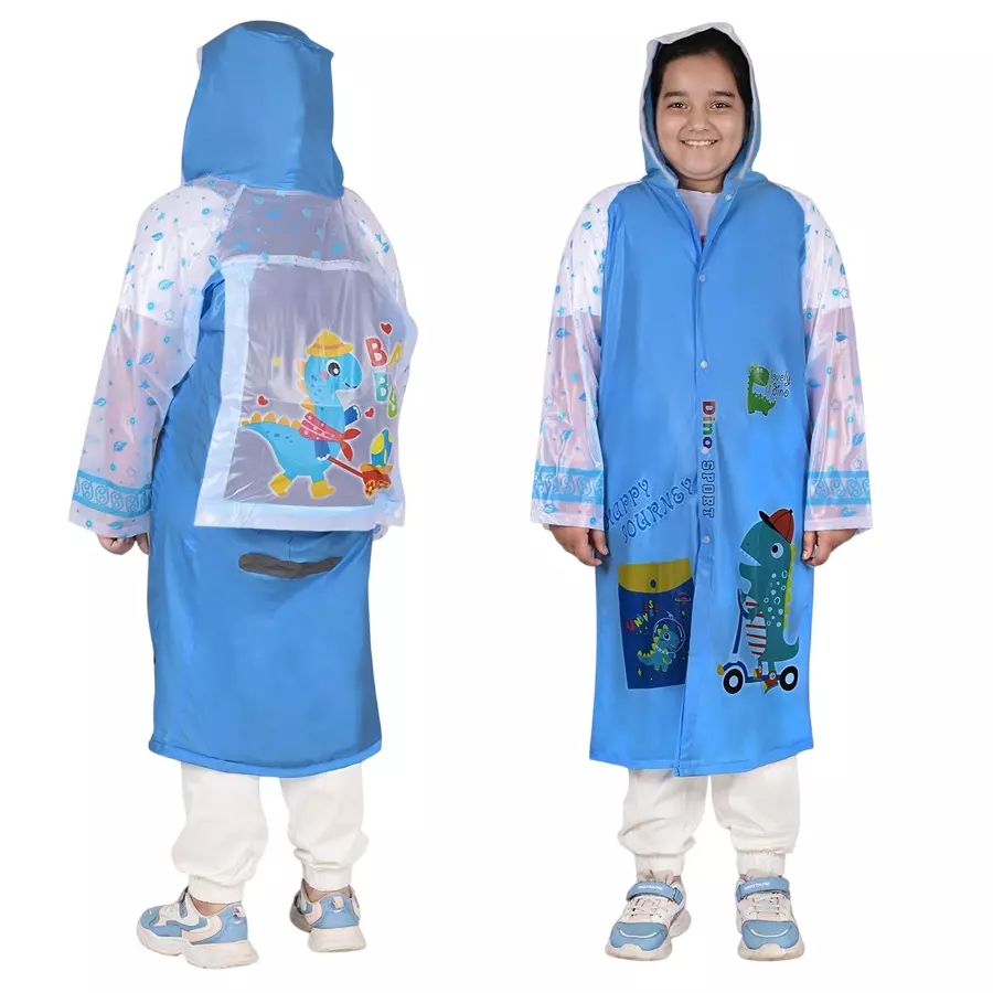 Allextreme Raincoat Sky Blue Color Dino Print Size XL with Hood, School Bag Cover and Carry Pouch for Kids (6-7 Years), HCP-1L01