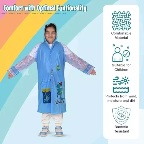 Allextreme Raincoat Sky Blue Color Dino Print Size XL with Hood, School Bag Cover and Carry Pouch for Kids (6-7 Years), HCP-1L01
