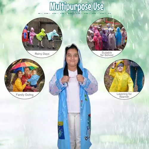 Allextreme Raincoat Sky Blue Color Dino Print Size XL with Hood, School Bag Cover and Carry Pouch for Kids (6-7 Years), HCP-1L01