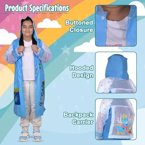 Allextreme Raincoat Sky Blue Color Dino Print Size XL with Hood, School Bag Cover and Carry Pouch for Kids (6-7 Years), HCP-1L01