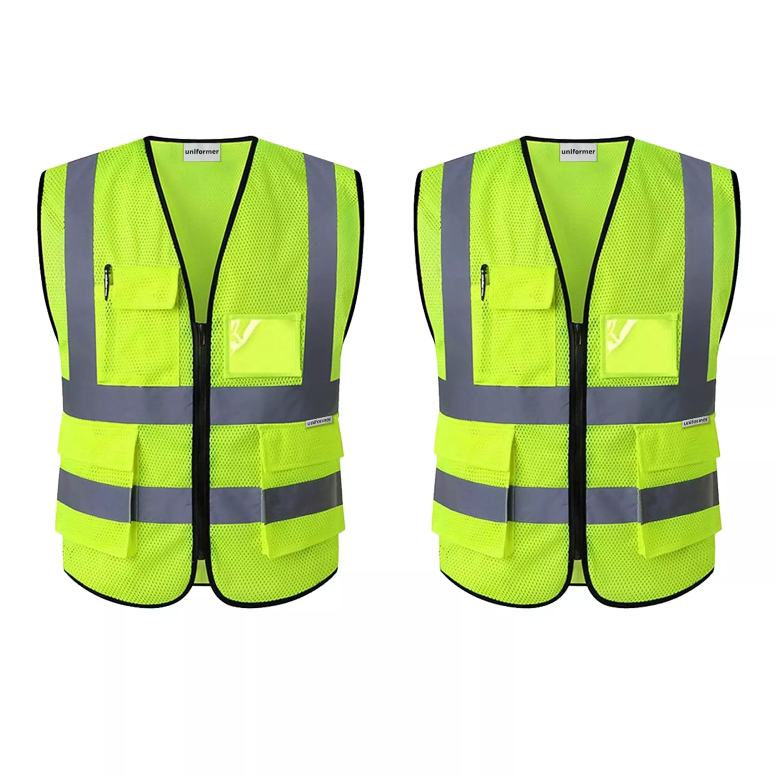 Uniformer V-Neck Shape Premium Safety Jacket Yellow Polyester Unisex Regular Fit for Construction & Road Safety Use, (Pack of 2 Pcs)