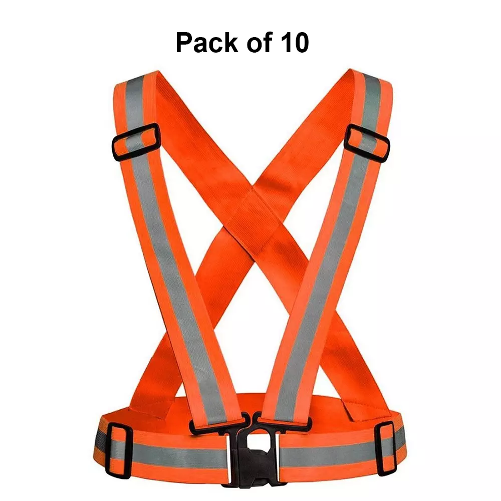 Rahul Professionals Cross Belt Reflective Jacket High Visibility Adjustable Silver Reflective Stripe Color Orange Free Size (Pack of 10)
