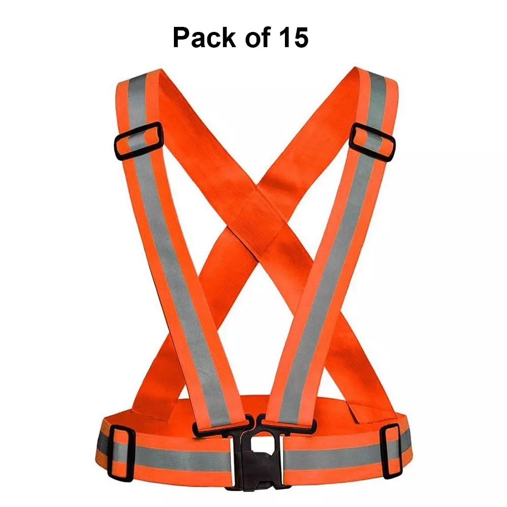 Rahul Professionals Cross Belt Reflective Jacket High Visibility Adjustable Silver Reflective Stripe Color Orange Free Size (Pack of 15)