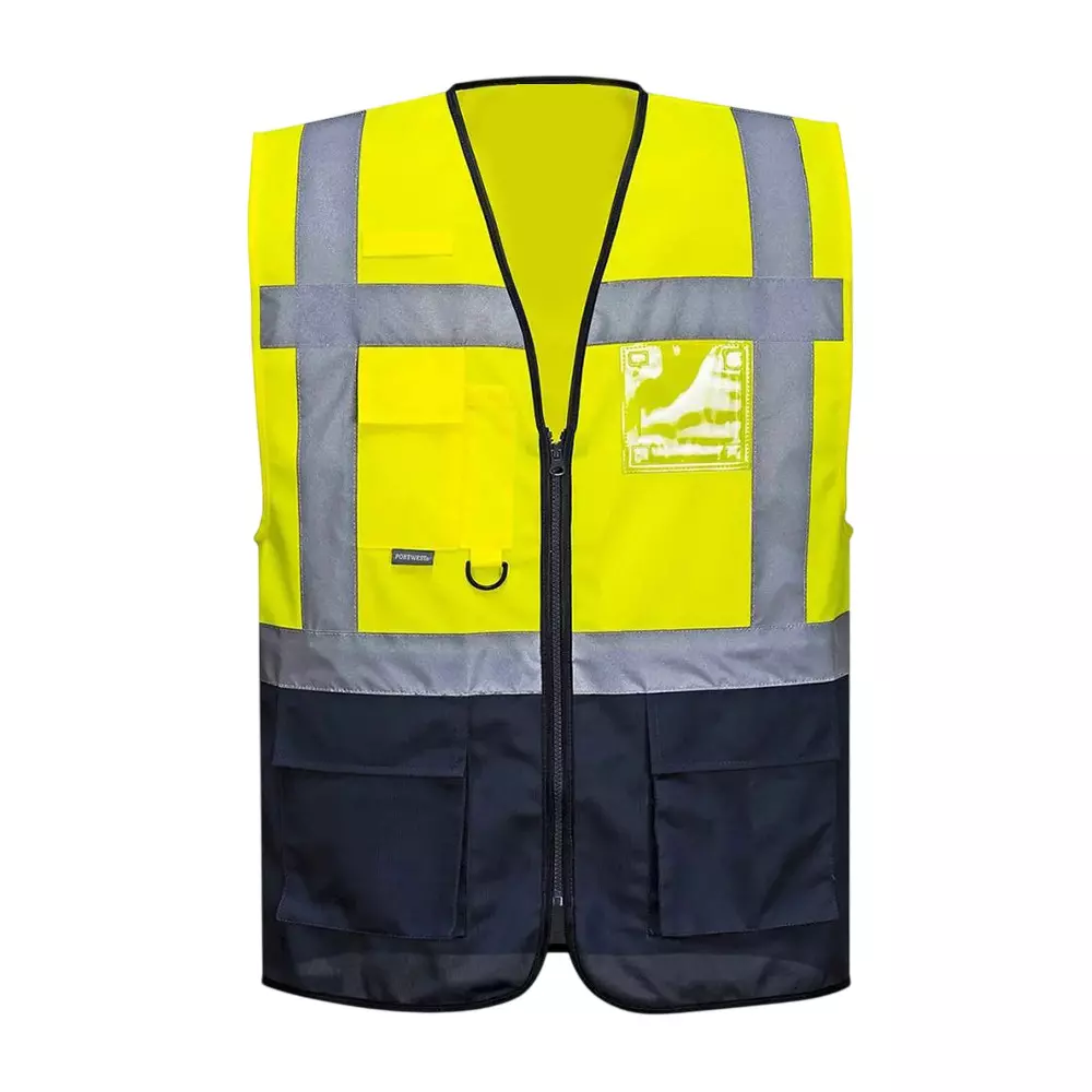 Shopking Reflective Safety Zipper Jacket with Grey Pocket Free Size Yellow and Navy Blue (Pack of 10 Pcs)