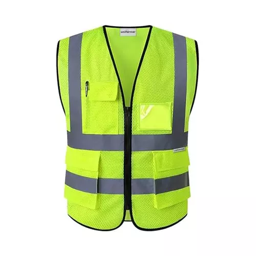 Uniformer V-Neck Shape Premium Safety Jacket Yellow Polyester Unisex Regular Fit for Construction & Road Safety Use, (Pack of 5 Pcs)