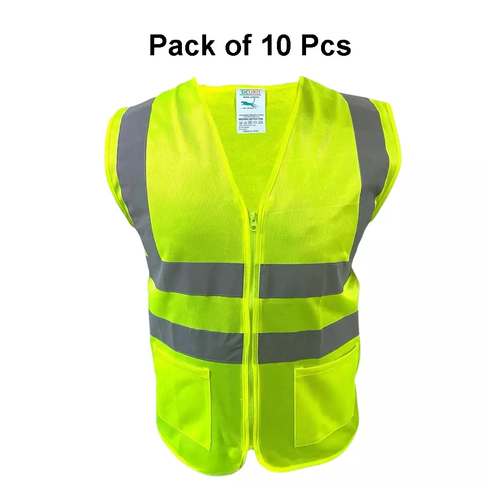 Sicuro Reflective Safety Jacket Sleeveless L - Size Green Polyester for Indoor & Outdoor Construction Use, (Pack of 10 Pcs)