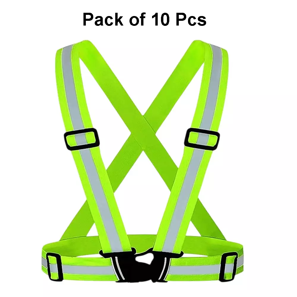 Sicuro Elastic Reflective Safety Belt Sleeveless Free - Size Green Nylon for Traffic Signal Use, (Pack of 10 Pcs)