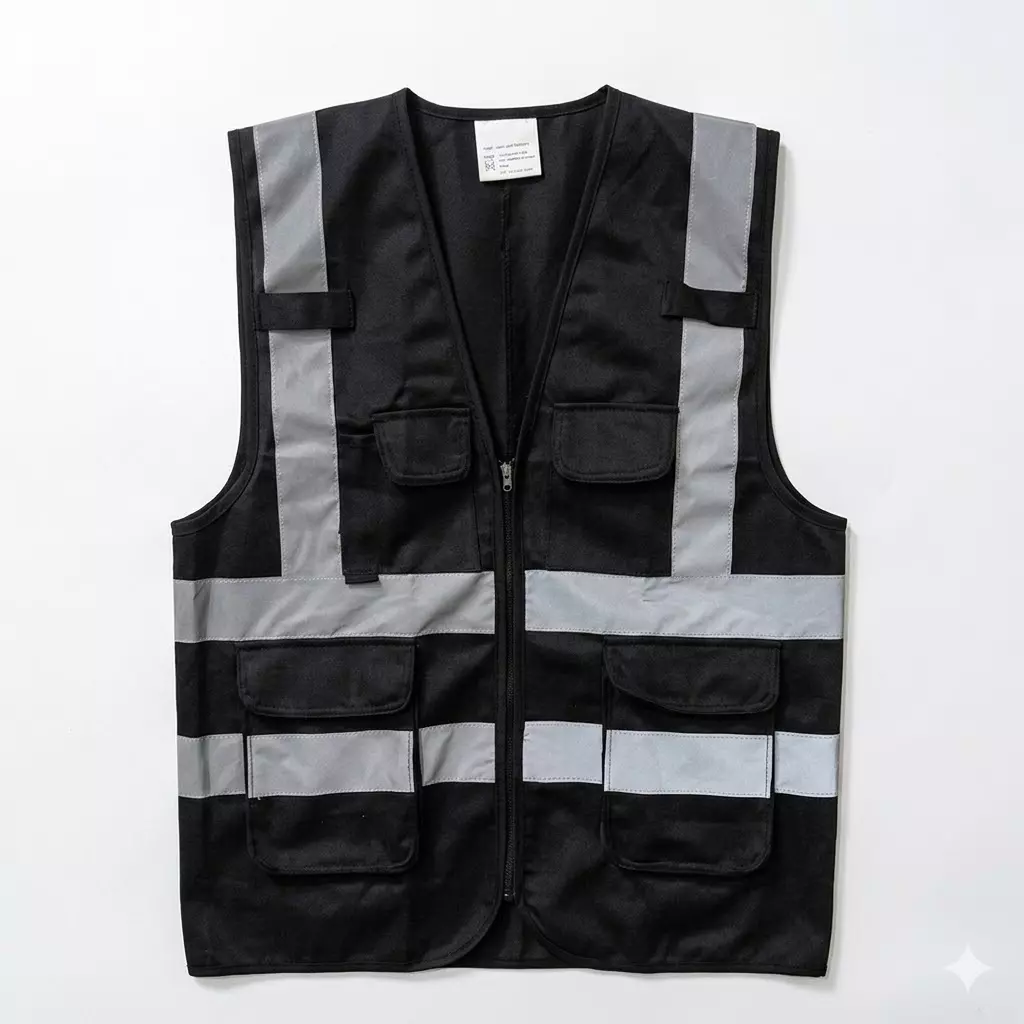 Warnmat Reflective Safety Jacket Free Size 120 GSM Black Color for Industrial Safety & Workplace, V4Y-SAFETY-JKT (Pack of 20)