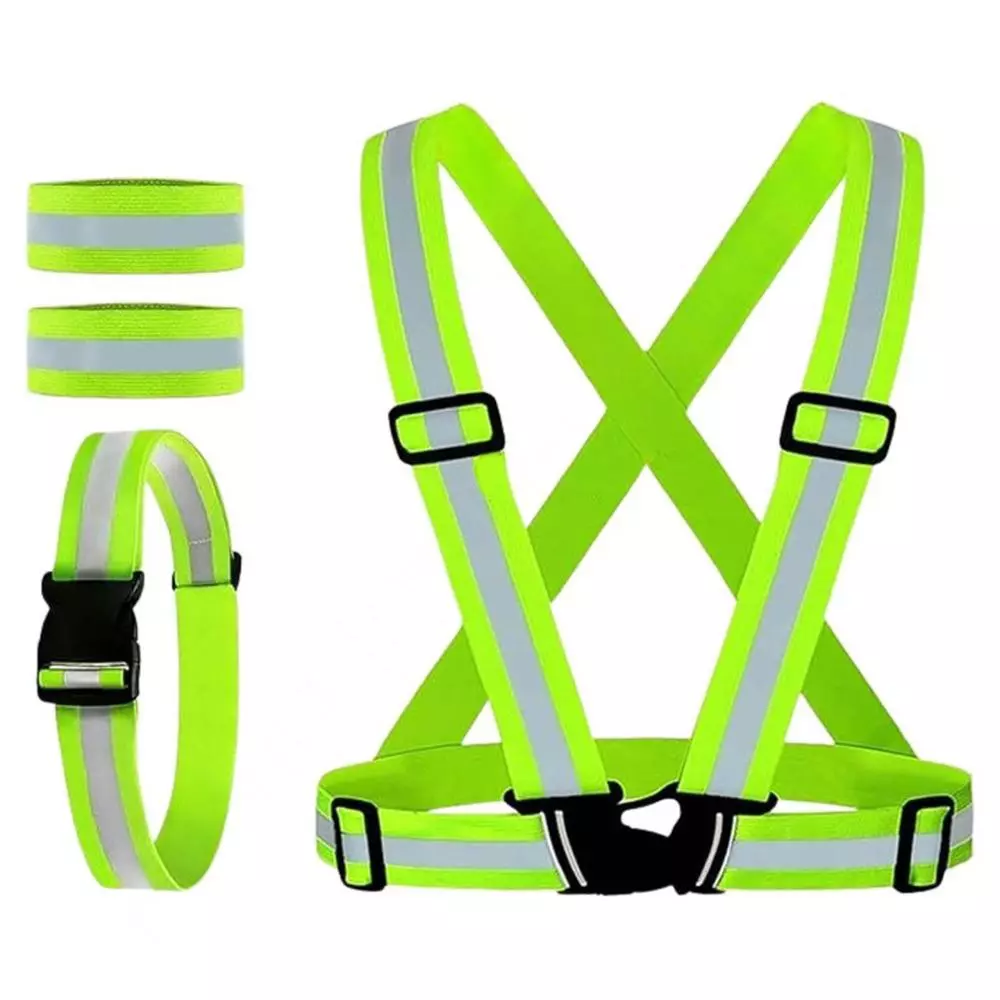 Rahul Professionals Cross Belt Reflective Jacket High Visibility Adjustable Silver Reflective Stripe Color Green Free Size (Pack of 15)