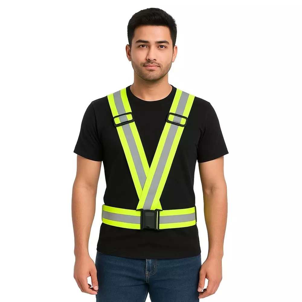 Rahul Professionals Cross Belt Reflective Jacket High Visibility Adjustable Silver Reflective Stripe Color Green Free Size (Pack of 15)