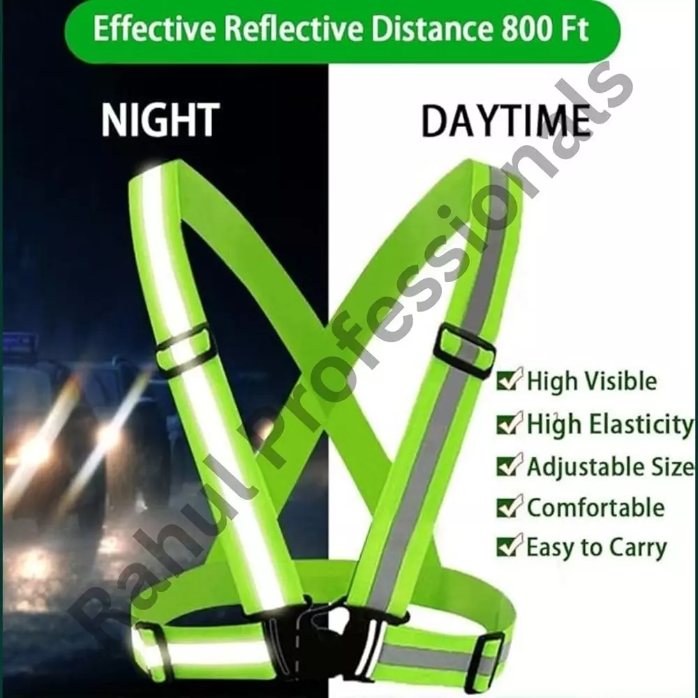 Rahul Professionals Cross Belt Reflective Jacket High Visibility Adjustable Silver Reflective Stripe Color Green Free Size (Pack of 15)