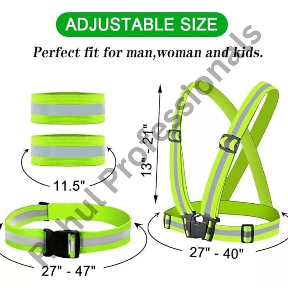 Rahul Professionals Cross Belt Reflective Jacket High Visibility Adjustable Silver Reflective Stripe Color Green Free Size (Pack of 15)