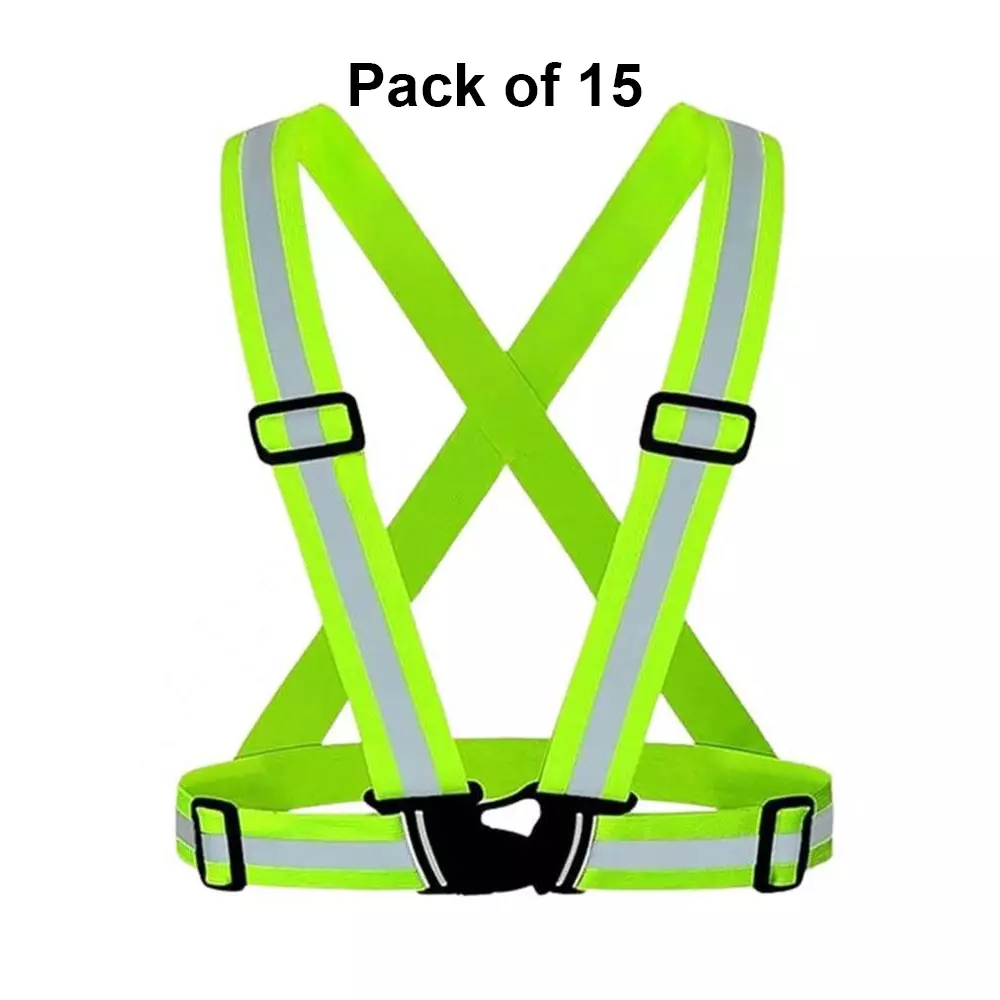 Rahul Professionals Cross Belt Reflective Jacket High Visibility Adjustable Silver Reflective Stripe Color Green Free Size (Pack of 15)