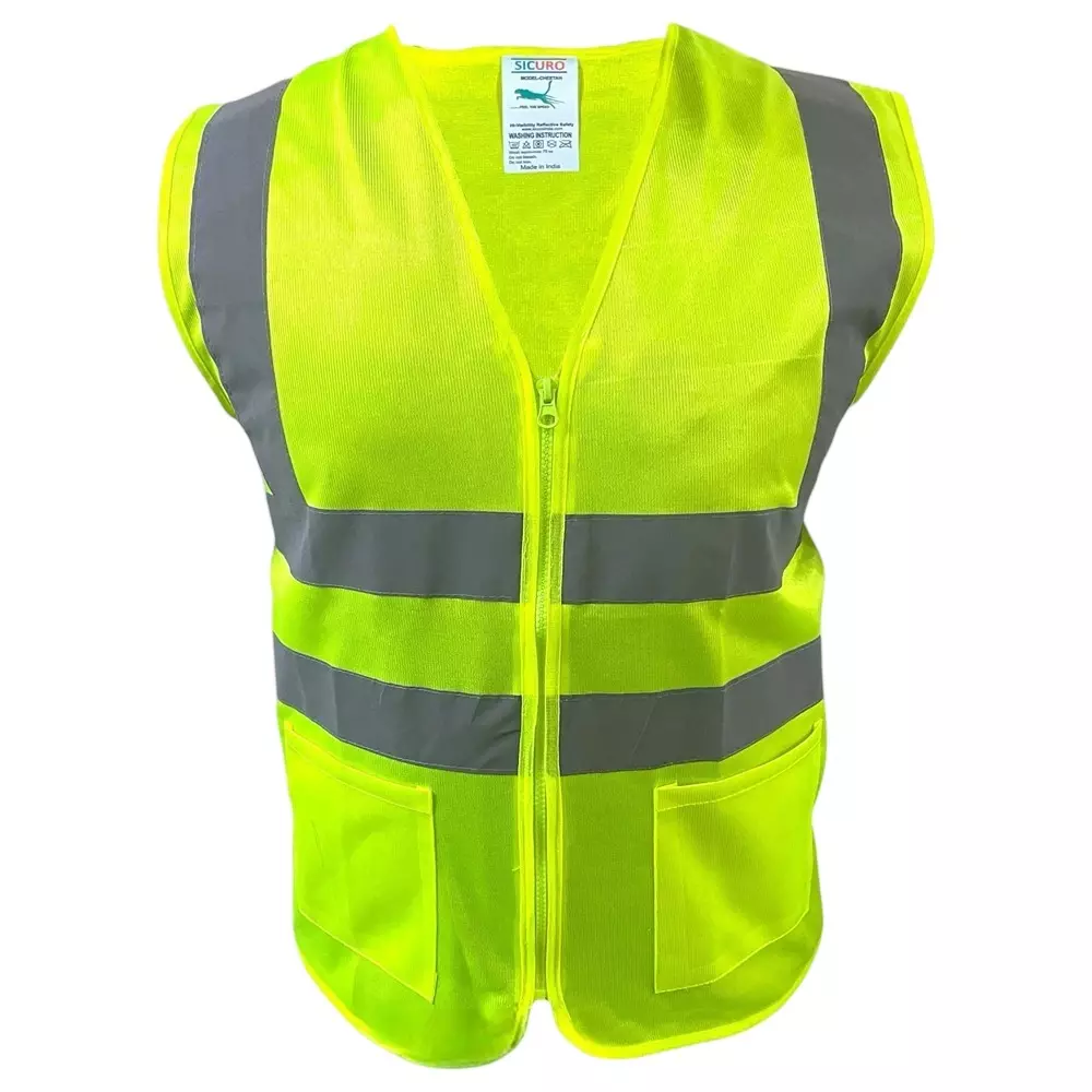 Sicuro Reflective Safety Jacket Sleeveless L - Size Green Polyester for Indoor & Outdoor Construction Use, (Pack of 5 Pcs)