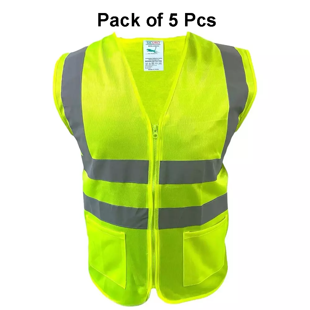 Sicuro Reflective Safety Jacket Sleeveless L - Size Green Polyester for Indoor & Outdoor Construction Use, (Pack of 5 Pcs)