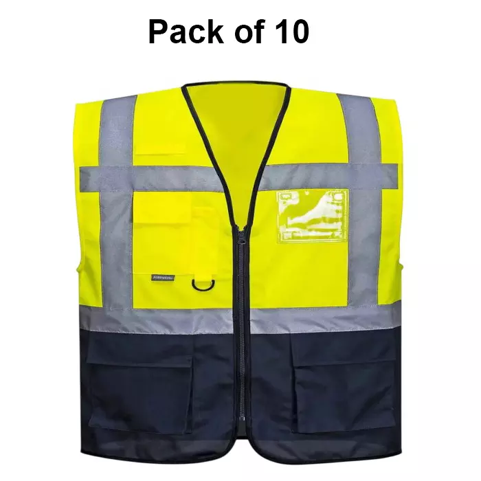 warnmat-polyester-high-visibility-multi-pocket-free-size-safety-zipper-jacket-with-reflective-strip-yellow-navy-blue-pack-of-10