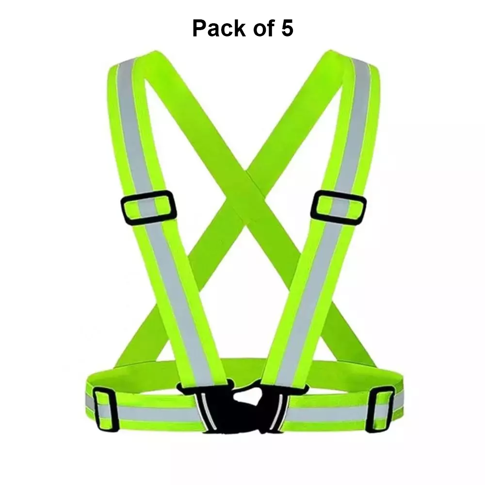 rahul-professionals-cross-belt-reflective-jacket-high-visibility-adjustable-silver-reflective-stripe-color-green-free-size-pack-of-5