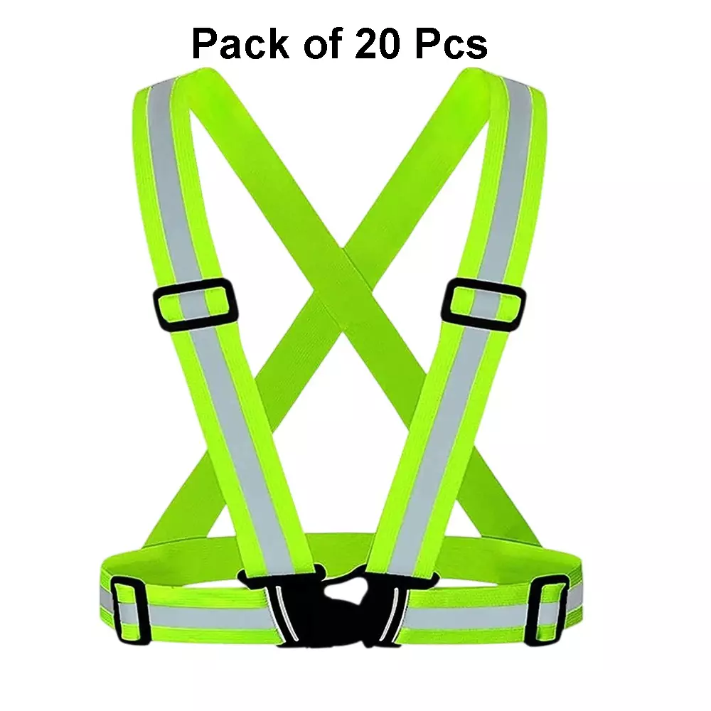 Sicuro Elastic Reflective Safety Belt Sleeveless Free - Size Green Nylon for Traffic Signal Use, (Pack of 20 Pcs)
