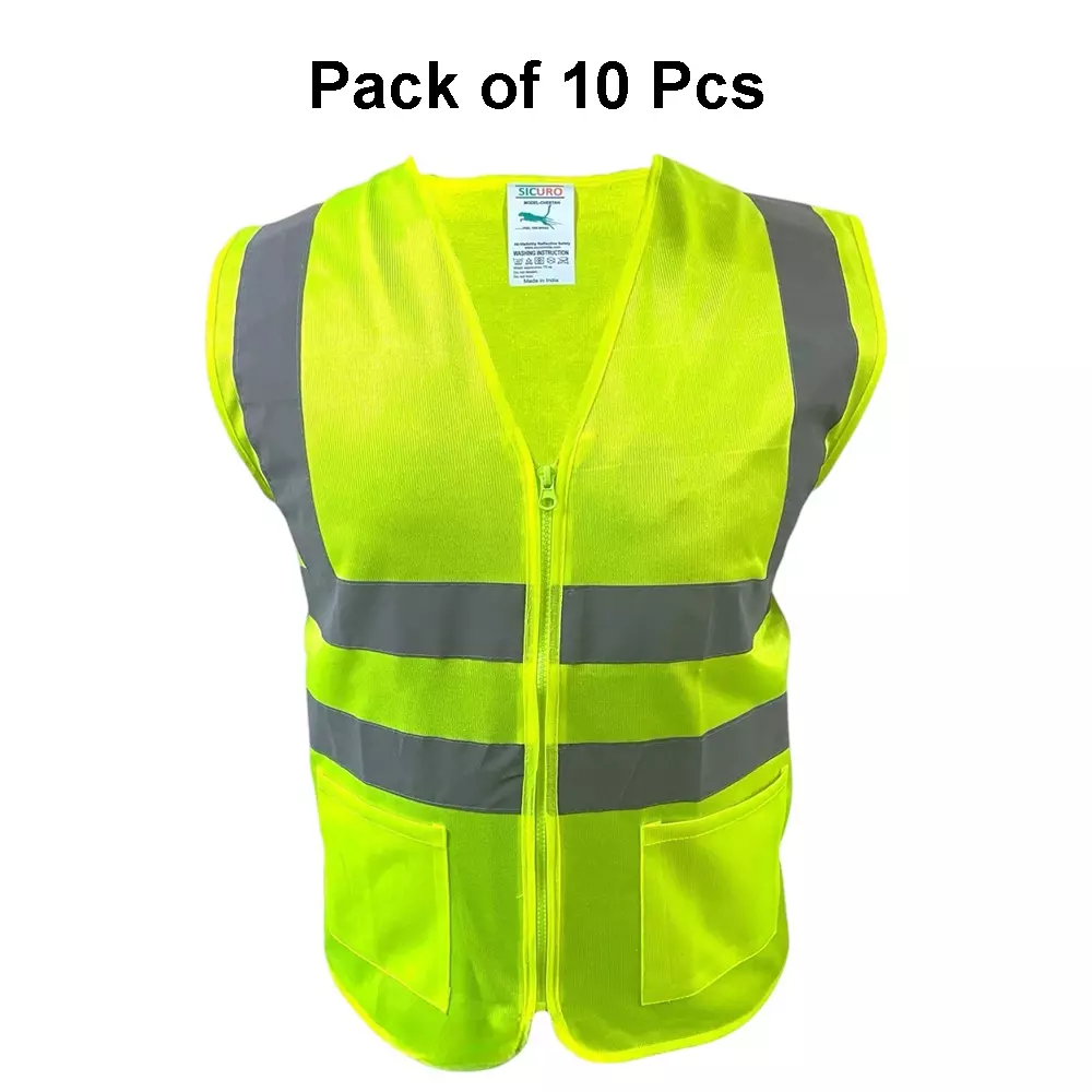 Sicuro Reflective Safety Jacket Sleeveless 3 XL - Size Green Polyester for Indoor & Outdoor Construction Use, (Pack of 10 Pcs)