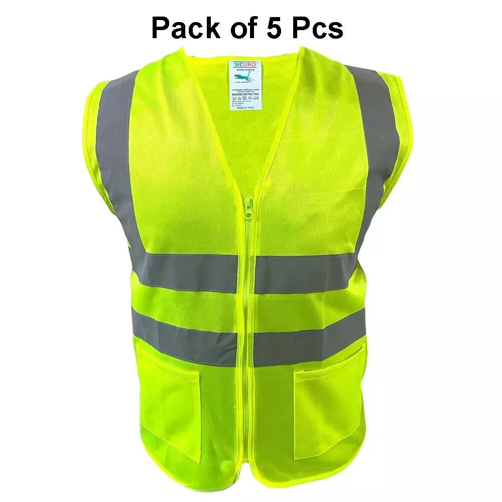 Sicuro Reflective Safety Jacket Sleeveless XXL - Size Green Polyester for Indoor & Outdoor Construction Use, (Pack of 5 Pcs)