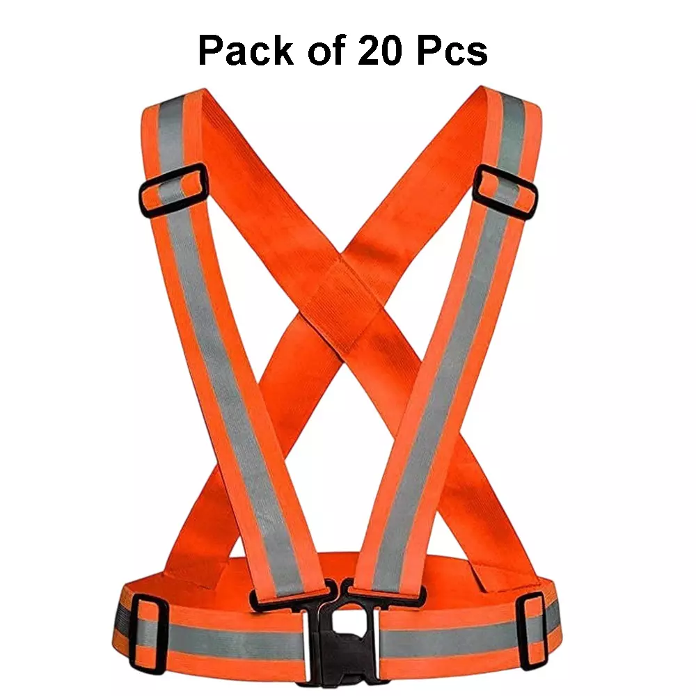 Sicuro Elastic Reflective Safety Belt Sleeveless Free - Size Orange Nylon for Traffic Signal Use, (Pack of 20 Pcs)