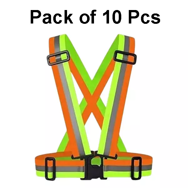 Sicuro Elastic Reflective Safety Belt Sleeveless Free - Size Orange & Green Nylon for Traffic Signal Use, (Pack of 10 Pcs)