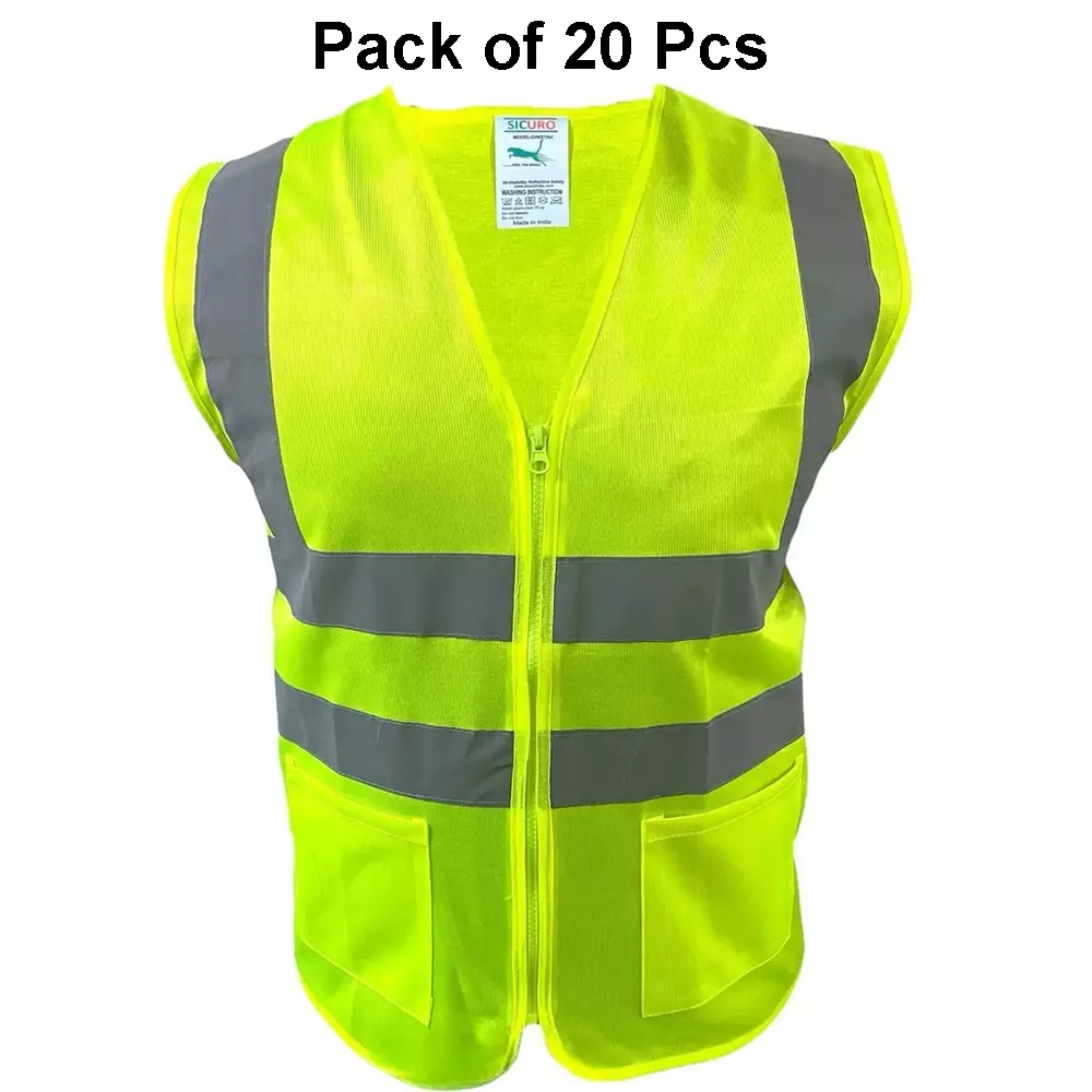 Sicuro Reflective Safety Jacket Sleeveless L - Size Green Polyester for Indoor & Outdoor Construction Use, (Pack of 20 Pcs)