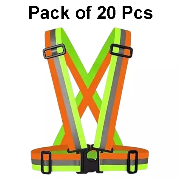 Sicuro Elastic Reflective Safety Belt Sleeveless Free - Size Orange & Green Nylon for Traffic Signal Use, (Pack of 20 Pcs)