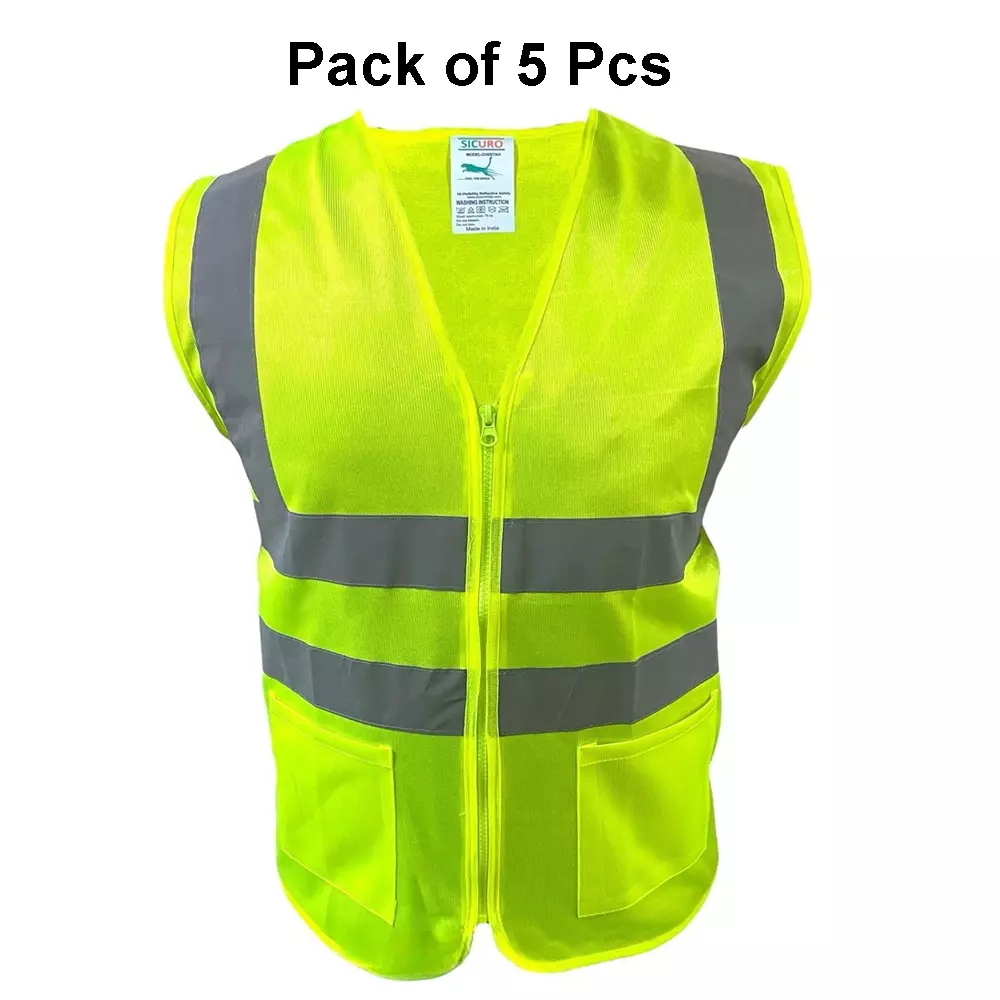 Sicuro Reflective Safety Jacket Sleeveless 3 XL - Size Green Polyester for Indoor & Outdoor Construction Use, (Pack of 5 Pcs)