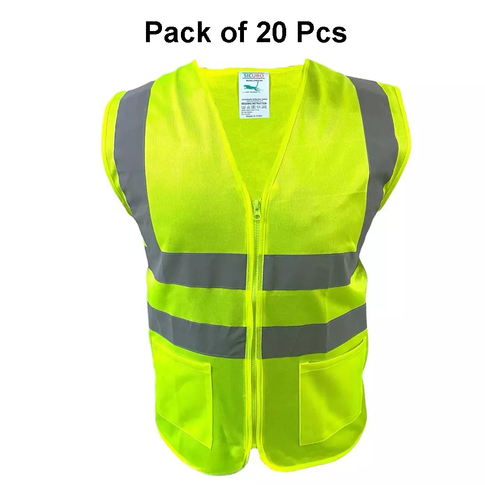 Sicuro Reflective Safety Jacket Sleeveless XXL - Size Green Polyester for Indoor & Outdoor Construction Use, (Pack of 20 Pcs)